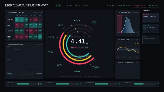 Energy trading risk dashboard monitoring exposure positions, margins, and volatility with dynamic radial gauges and heat grids on a dark interface for commercial creative technology and business use.
