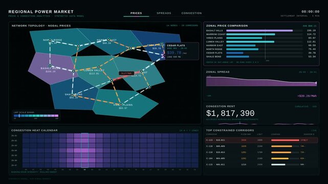 Power market analytics dashboard comparing regional electricity prices and congestion with animated SVG map, bar charts, and real-time data visualization in teal and magenta.