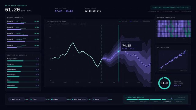 AI electricity price forecasting dashboard with hourly market prediction curves, probability bands, and real-time model refresh animations in a modern dark interface.