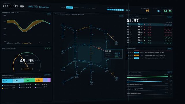 Utility market operations center monitoring prices demand supply and transmission constraints on a dark slate video wall with cyan accents for commercial creative technology and business use.
