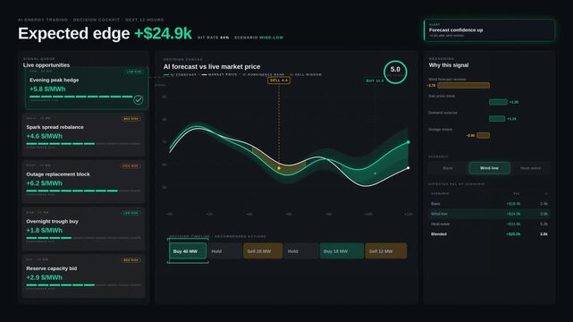 AI energy trading dashboard with price forecasts and alerts, emerald and amber UI on dark graphite, 4K for commercial creative technology and business use.
