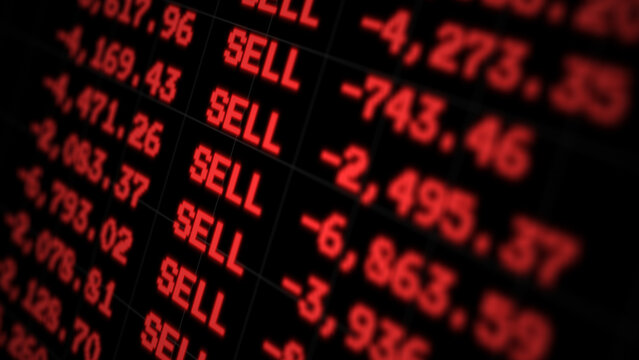 Stock market crash showing bearish trend with red negative numbers falling on screen, financial crisis recession risk data, economic downturn trading loss depreciation report
