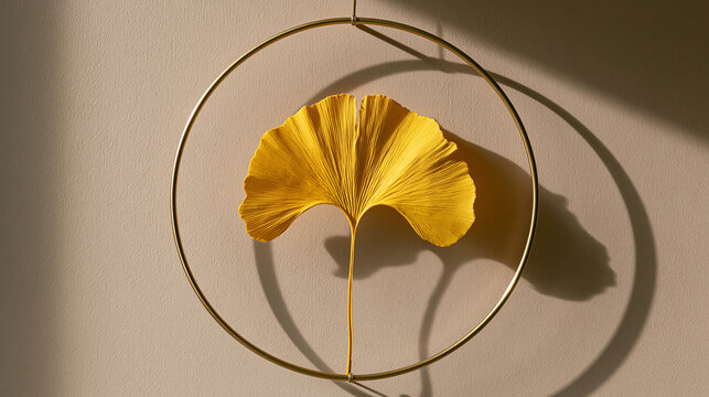Bright golden ginko biloba leaf hanging symmetrically inside metallic hoop against beige plaster wall