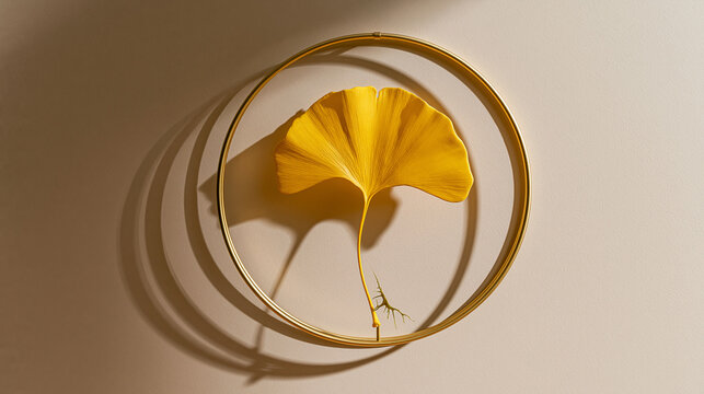 Vibrant yellow ginko biloba leaf mounted inside minimalist golden circular frame against beige wall