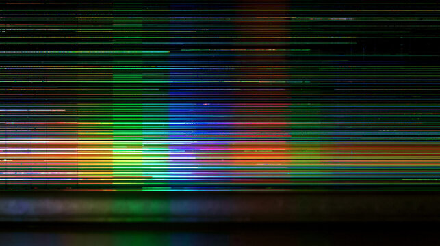 Elegant photo of Abstract digital signal glitch with colorful horizontal lines on a black background. Perfect for modern technology and cyber security background concepts.