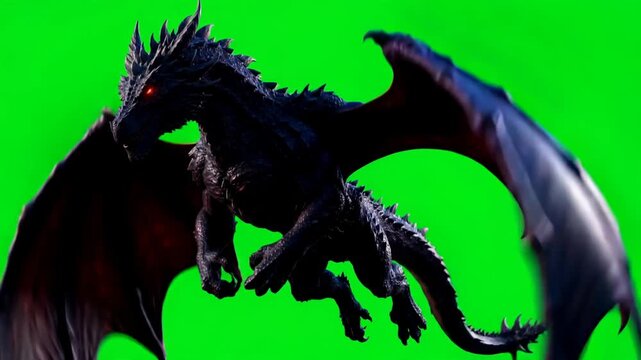Fantasy black dragon flying on green screen, cinematic mythical creature with glowing red eyes, winged beast animation for chroma key compositing