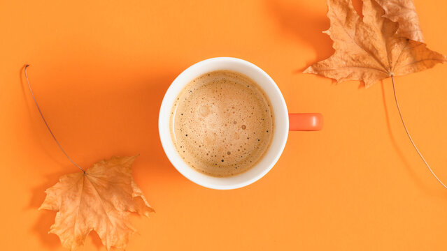 Cozy autumn backdrop with a cup of hot coffee with foam and dry maple leaves on bright orange background. Flat lay top view seasonal layout or minimal header banner with empty copy space.
