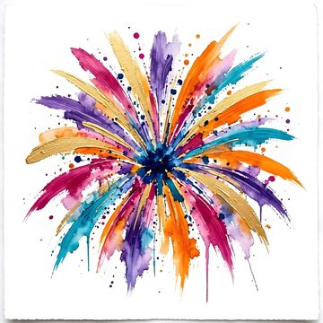 Vibrant circular firework explosion silhouette with expressive watercolor color gradients on white background