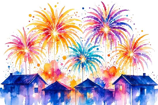 Festive fireworks explosion over village houses silhouettes with expressive watercolor splashes on white background
