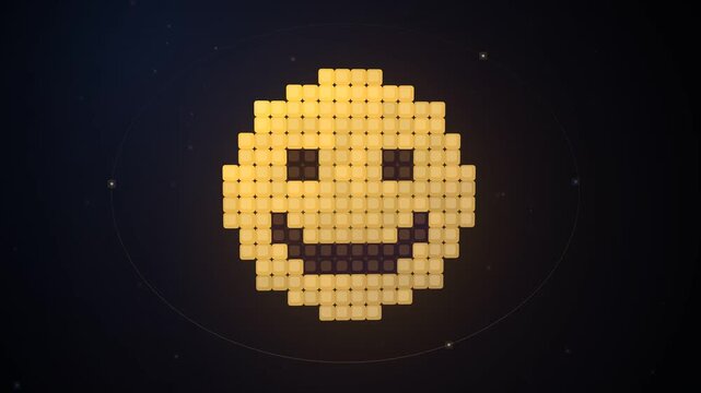 Smiling face emoji pixel art animation built from glowing yellow cubes in space