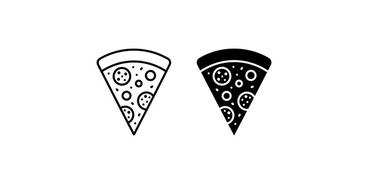 Italian pepperoni pizza slice icon set in outline and solid glyph vector styles for fast food delivery menus.