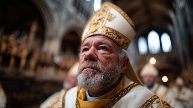 A dignified religious leader, showcasing reverent emotion during a ceremony in an ornate setting, capturing the essence of spirituality and communal faith.