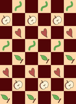 Seamless pattern with leaf, apple, worm and heart
