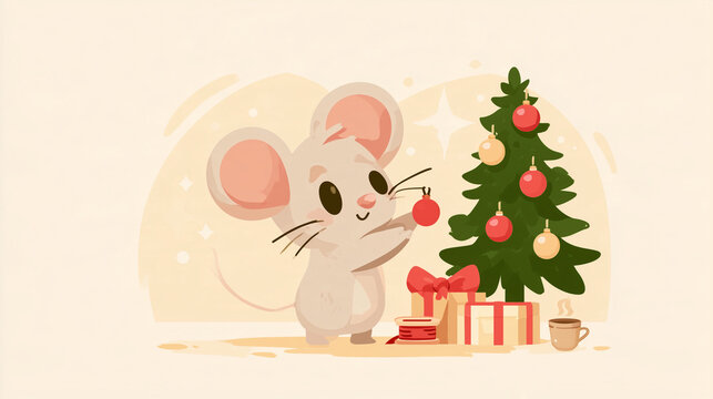 Cheerful flat vector illustration of an adorable little mouse standing on its hind legs and hanging a tiny red ornament on a small Christmas tree, wrapped gift boxes, small steaming mug of cocoa