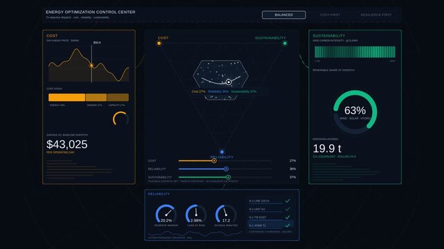A visual representation of energy optimization control balancing cost, reliability, and sustainability with dynamic graphs and interactive indicators in a sleek design.