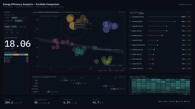 Energy efficiency analytics dashboard features a bubble scatter plot comparing building consumption intensity and savings, with interactive elements and dynamic visualizations.