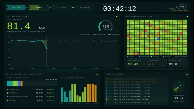 Real-time demand response dashboard showcases curtailment events, customer participation metrics, and dynamic phase tracking with engaging visual elements and a sleek design.