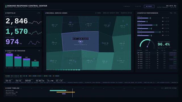 A utility demand response control center visualizes enrolled capacity and dispatch performance with abstract maps and dynamic data displays in a modern interface design.