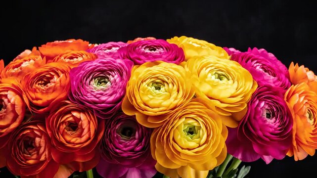Bright ranunculus flowers in shades of orange, pink, and yellow are