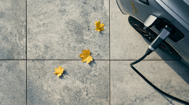 Modern electric vehicle plugged into charging station outdoors on grey stone tiles during autumn season