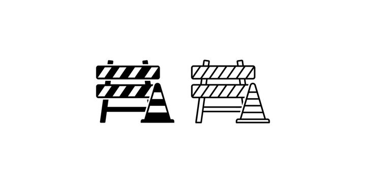 Road barrier with traffic cone icons in flat and outline styles.