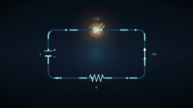 Electronic circuit diagram animation with battery, resistor, LED light, and switch