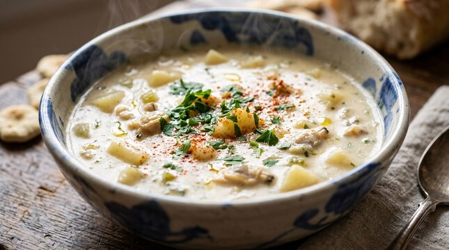 Steaming bowl of creamy clam chowder with potato chunks, chopped parsley and paprika served in a blue and white artisan ceramic bowl