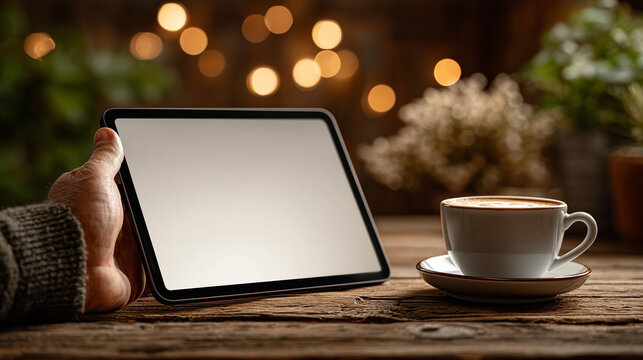Tablet with blank display highlighting advertising of product. Hot drink setting defined by cup and a distinctive artistic mood. The final scene brings together advertising and coffee.