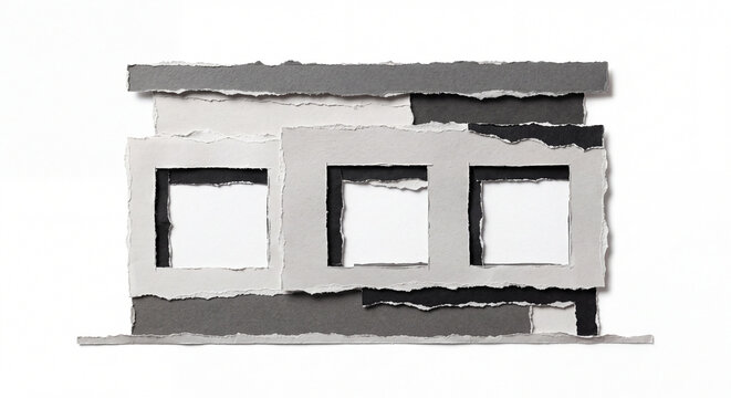 Minimalist Modern Building Ripped Paper Craft Illustration Isolated on White Background, Monochrome Torn Paper Architecture Design