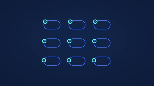 Toggle switch grid animation with cyan outline knobs orbiting and snapping on, flat vector UI motion graphics on deep navy background, seamless loop