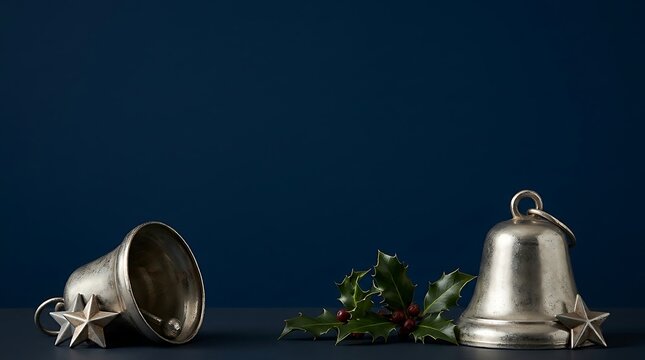 Silver bells holly sprigs and star ornaments rest on a dark surface with a navy background