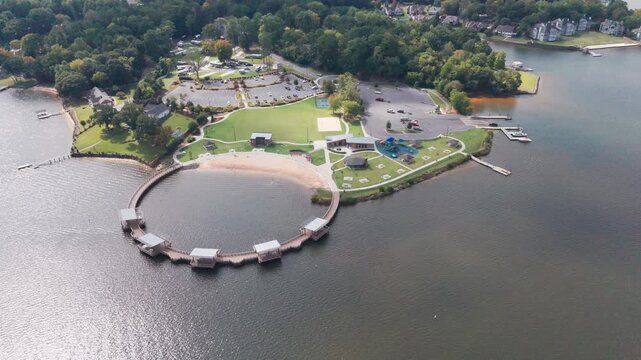 Overhead view of circular fishing pier on Lake Wylie in Rock Hill, SC