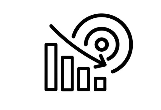 Declining bar chart icon with a spiral arrow for a slump