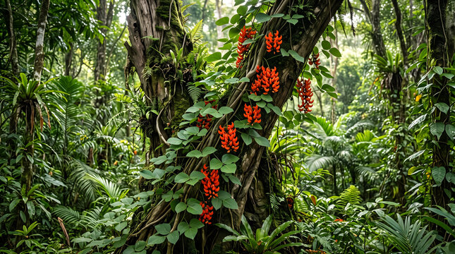 Stunning butea superba vine with vibrant orange flowers climbing on a mossy tree trunk in a lush tropical jungle