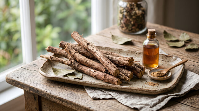 Natural organic butea superba roots on rustic wooden table with herbal extract oil bottle and powder spice