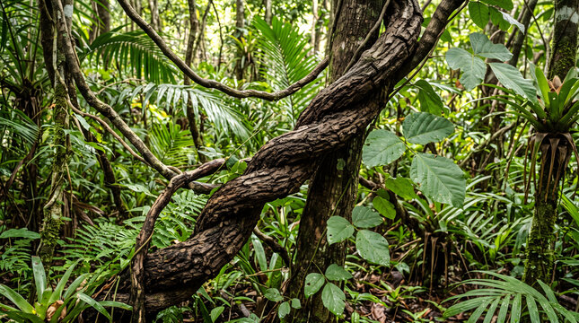 Stunning view of butea superba vine climbing up a sturdy tropical tree trunk in a lush green rainforest