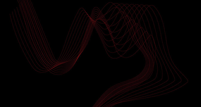 Abstract red wave lines on black background, futuristic glowing wave flow graphic, elegant dark motion background element