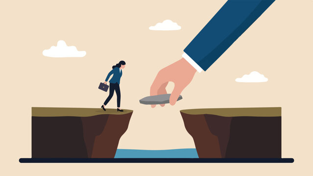 Mentorship career direction concept giant suited hand placing flat stepping stone over deep river gap for young businesswoman holding briefcase to cross safely clean minimal flat vector illustration