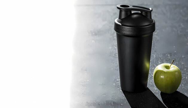 Fitness shaker bottle mockup with green apple and copy space gym banner