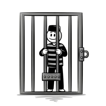 Cartoon prisoner behind iron bars jail.