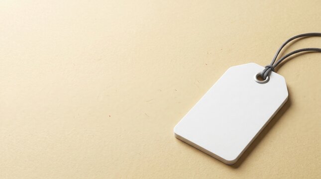 Blank white tag with black cord on beige background copy space for message