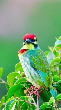 A beautiful Coppersmith Barbet bird perched on a branch in the wild