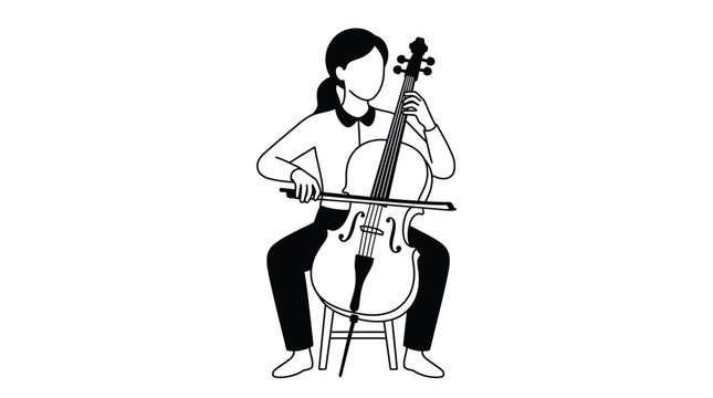 Woman playing classical cello musical instrument with elegant bow in simple black and white vector illustration