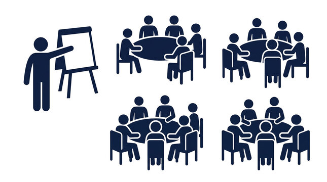 Business meeting icon set, corporate conference stick figures, presentation and teamwork pictograms