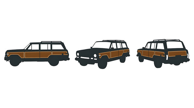 Vintage Woody Wagon Collection in Three Angles and white background 