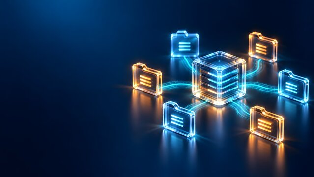 Central glowing transparent server cube connected to surrounding digital folders representing centralized data management and secure cloud infrastructure