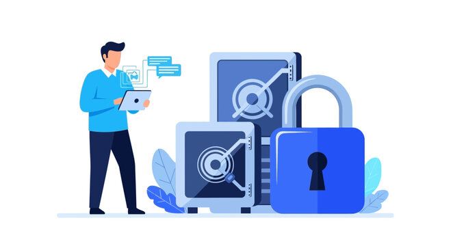 Data Security and Cyber Protection Vector Illustration of a Man Managing Secure Digital Storage and Private Information