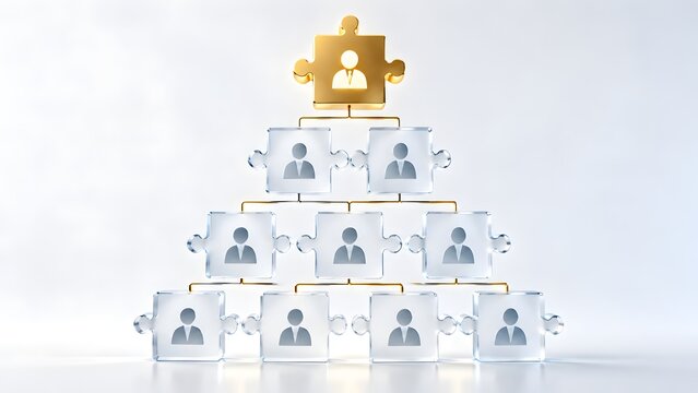 Pyramid organizational chart of transparent glass puzzle pieces with businessman icons and golden leader at top representing corporate hierarchy and management