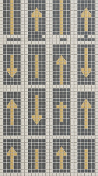 Directional Arrow Mosaic Pattern, featuring wallpaper, arrows, tiles, design, geometric, up, down, signage, flooring, abstract, structure, texture, interior