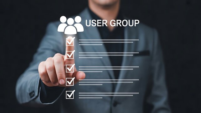 User group management and selection process represented by a finger touching a checklist with user icons on a digital screen